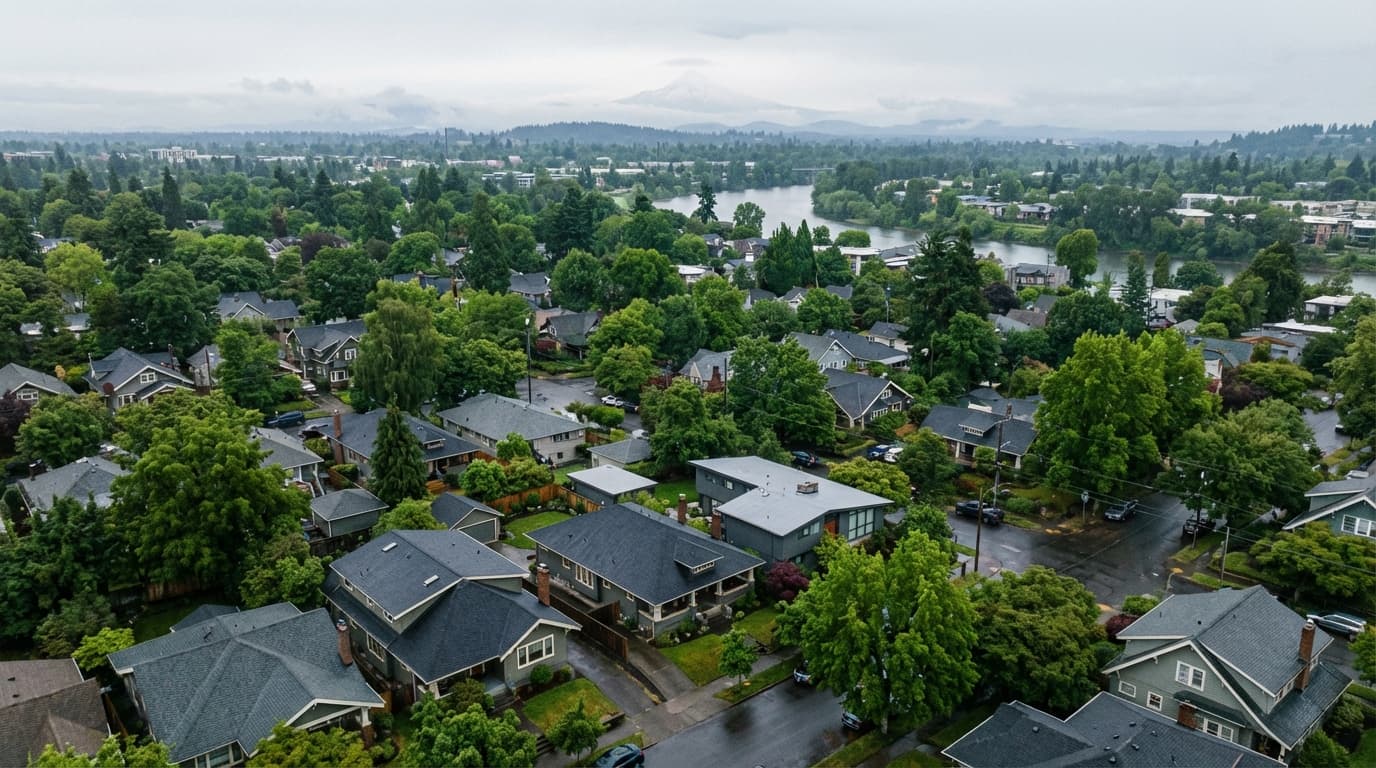 Aerial view of an Eugene residential neighborhood showing Pacific Northwest rooftops under dense Douglas fir canopy